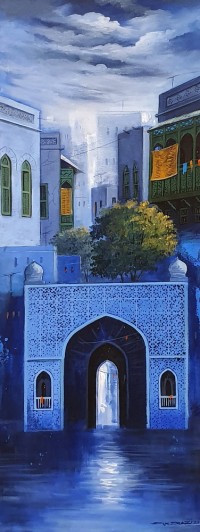 G. N. Qazi, 14 x 40 inch, Acrylic on Canvas, Cityscape Painting, AC-GNQ-071